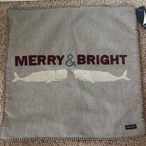 New Nautica Pillow Sham Gray Merry and Bright Embroidered Whale Holiday 20 Sq